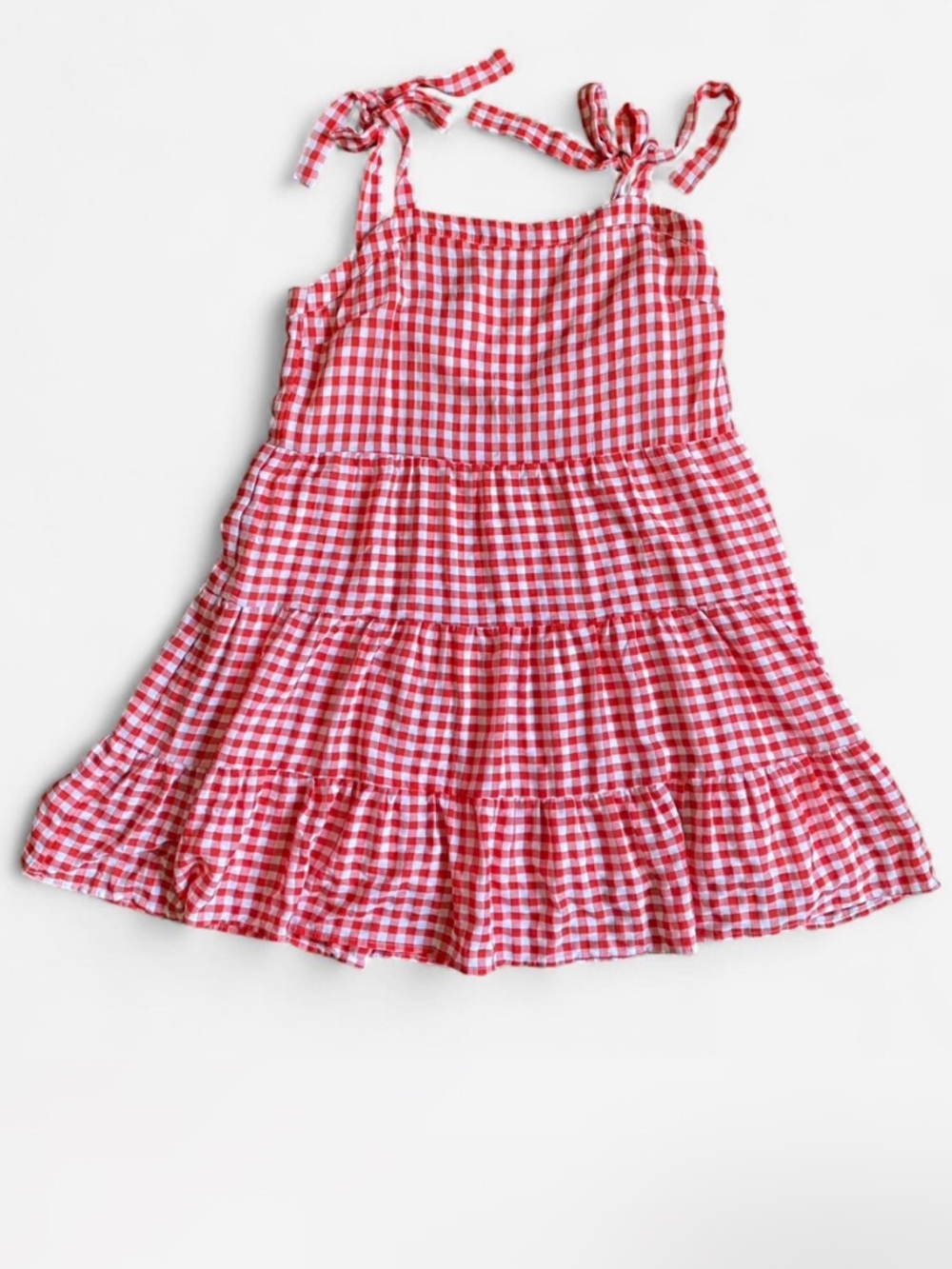 Pink Lily Red Gingham Tie-Strap Tiered Sundress for Girls